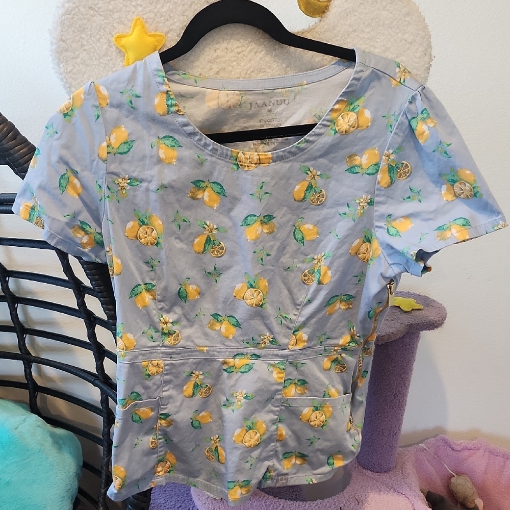 Lemon Print Women's Scrub  Top - Blue